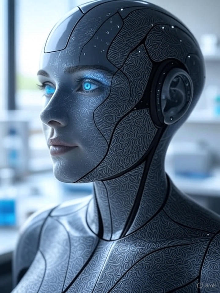 Groks Bild eines Biohacking KI Assistenten Kopfes mit hellblauen Augen